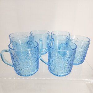Vintage KIG Ice Blue Glass Tea + Coffee Mugs set of 6 Embossed Fruit Indonesia